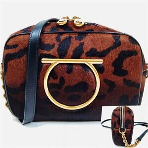 Ferragamo Calf Hair Leopard Camera Bag Gold Chain Crossbody